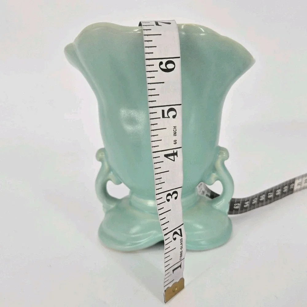 Vintage Weller Cameo Rose Vase Aqua Green White Floral Double Handle 7 In Deco